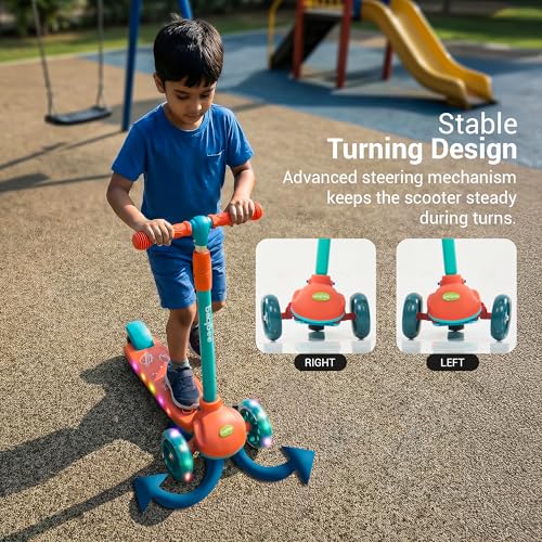 Image of Baybee Rydon Kids Scooter with 3 Height Adjustments | Portable Kick Scooter with PU LED Lights & Rear Brake | 3 Wheel Skating Scooter | Runner Scooter for Kids 2 to 10 Years Boys Girls (Orange)