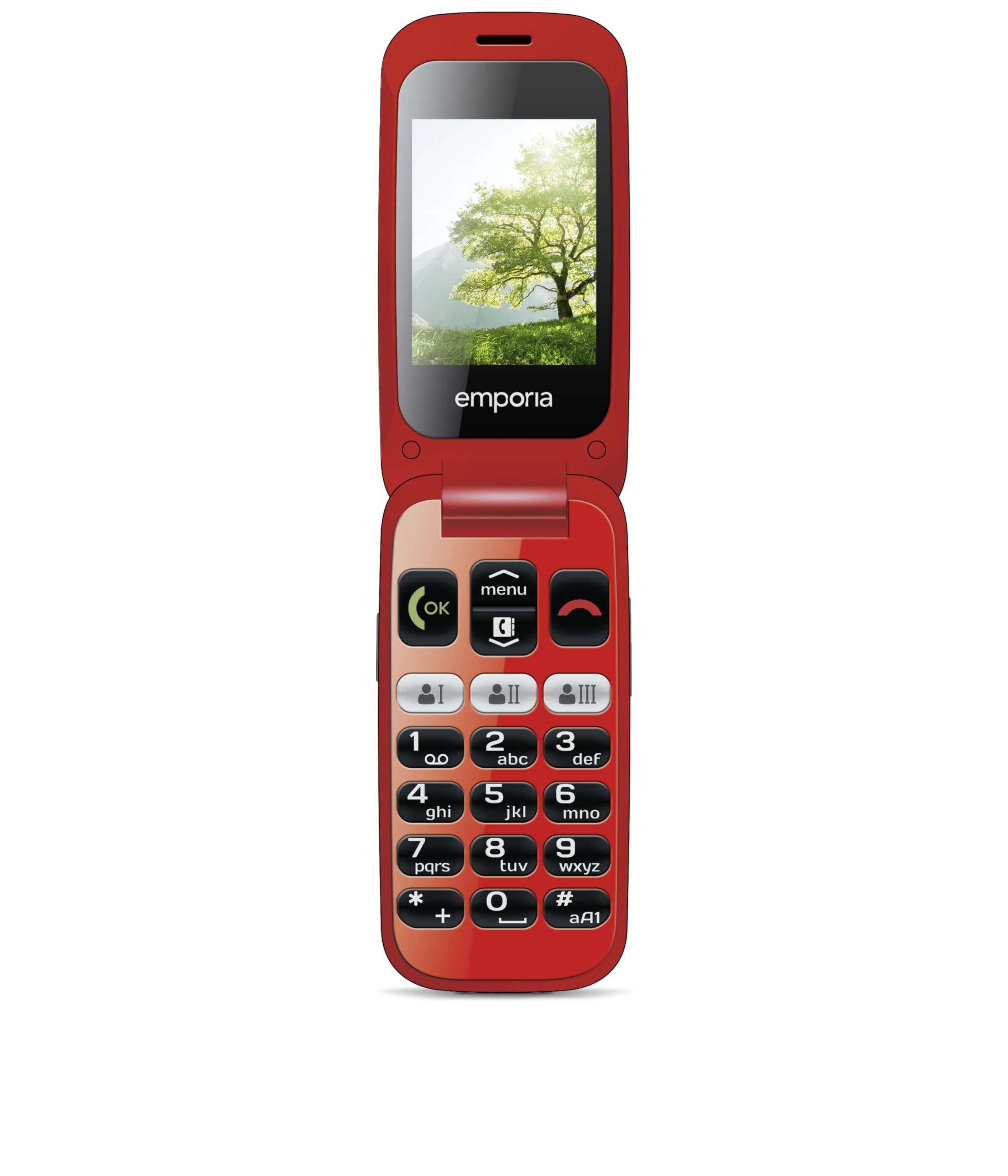 Emporia One V200_001, Flip teléfono móvil para Personas Mayores, 4,5 cm, 2 MP, Teclas extragrandes, botón de Emergencia, Compatible con audífonos (M4/T4), con estación de Carga, Negro/Rojo
