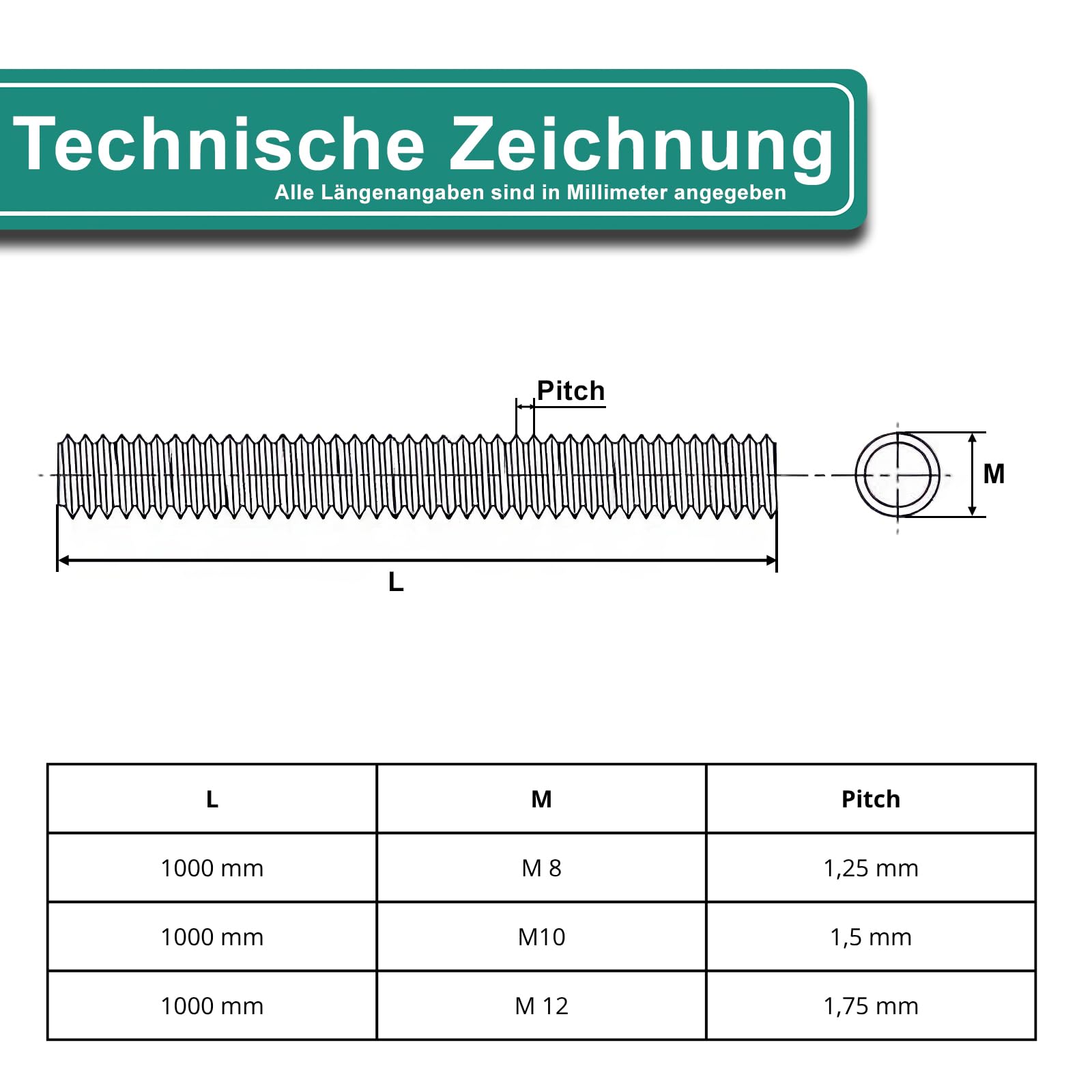 PRIOstahl barre filettate DIN 976 M12 1 m acciaio inox V2A