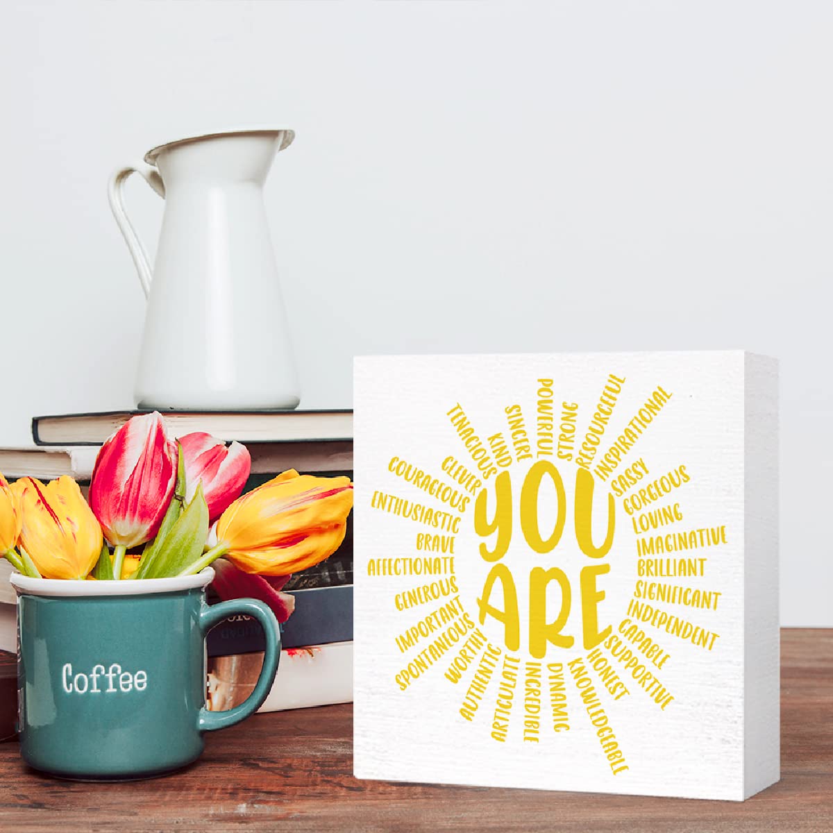 Yellow Sunshine Wood Box Sign You Are Sun Decor Wooden Block Signs Motivational Sign Inspirational Desk Décor for Home Office Bedroom Classroom Table Décor