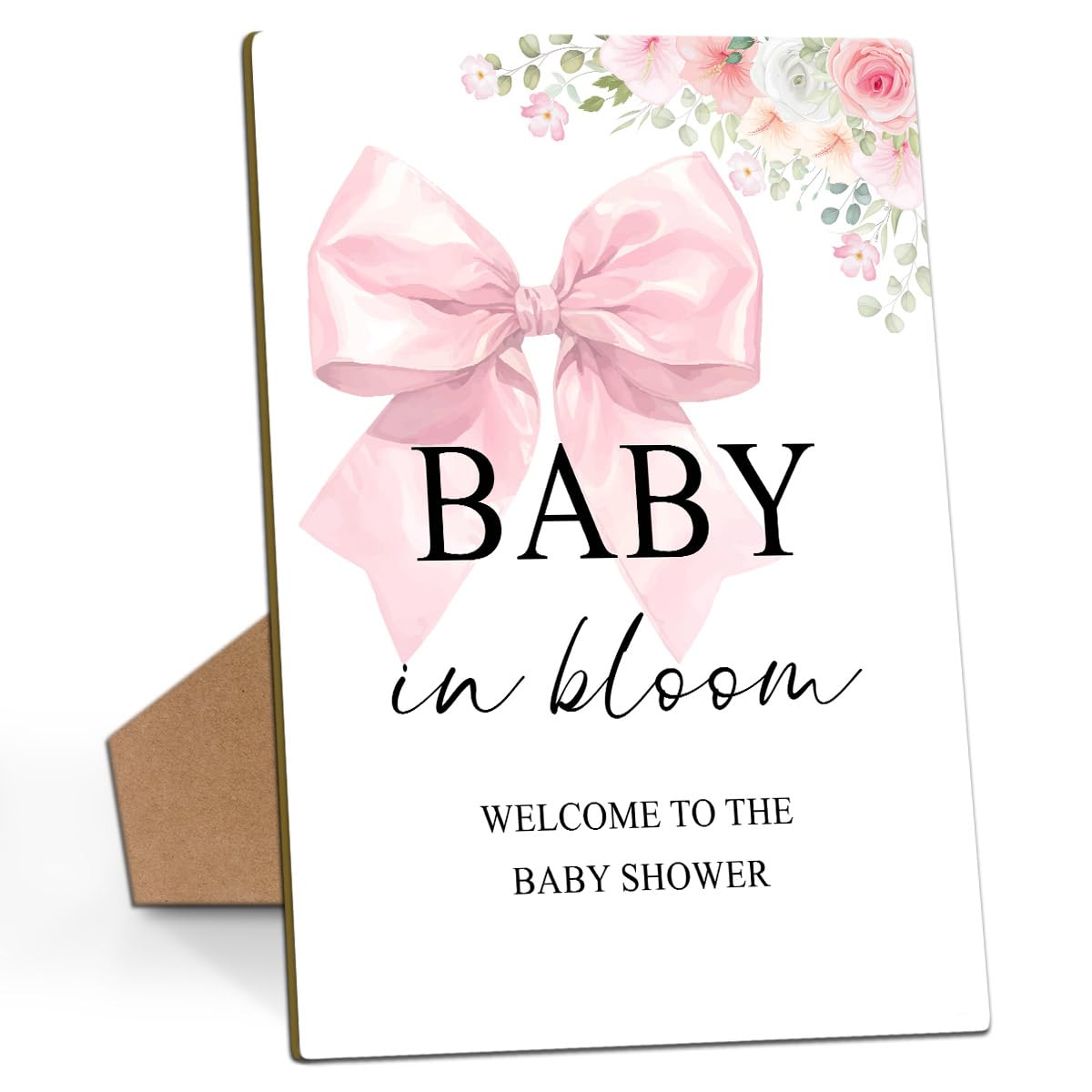 Zyoge Pink Bow Baby Shower Sign, 8x11 Wooden Tabletop Sign with Stand, Modern Baby Shower Welcome Decoration