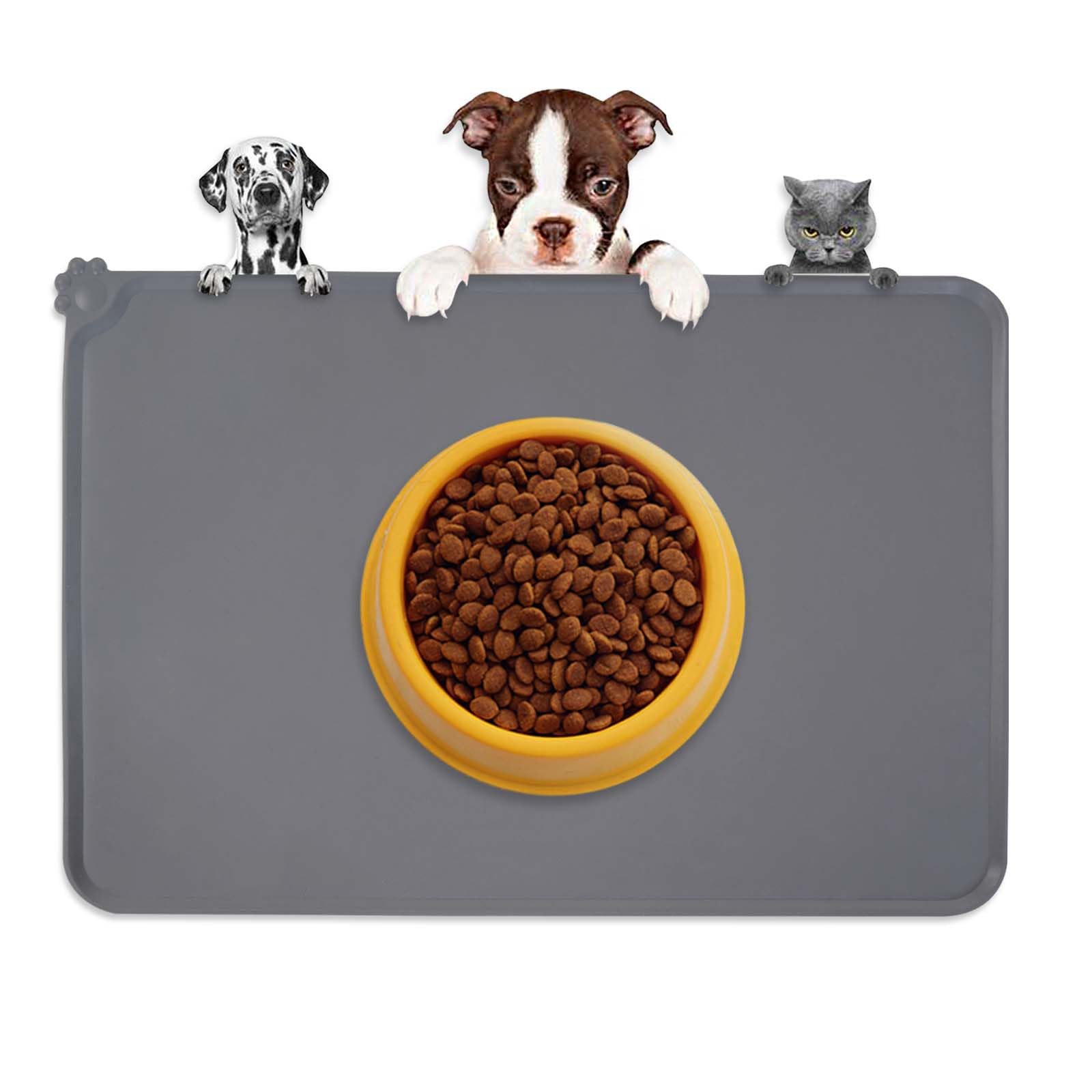 Pet Feeding Mat, Waterproof Food Bowl Mat with Anti-Overflow Edge, 19x12 inches, Gray