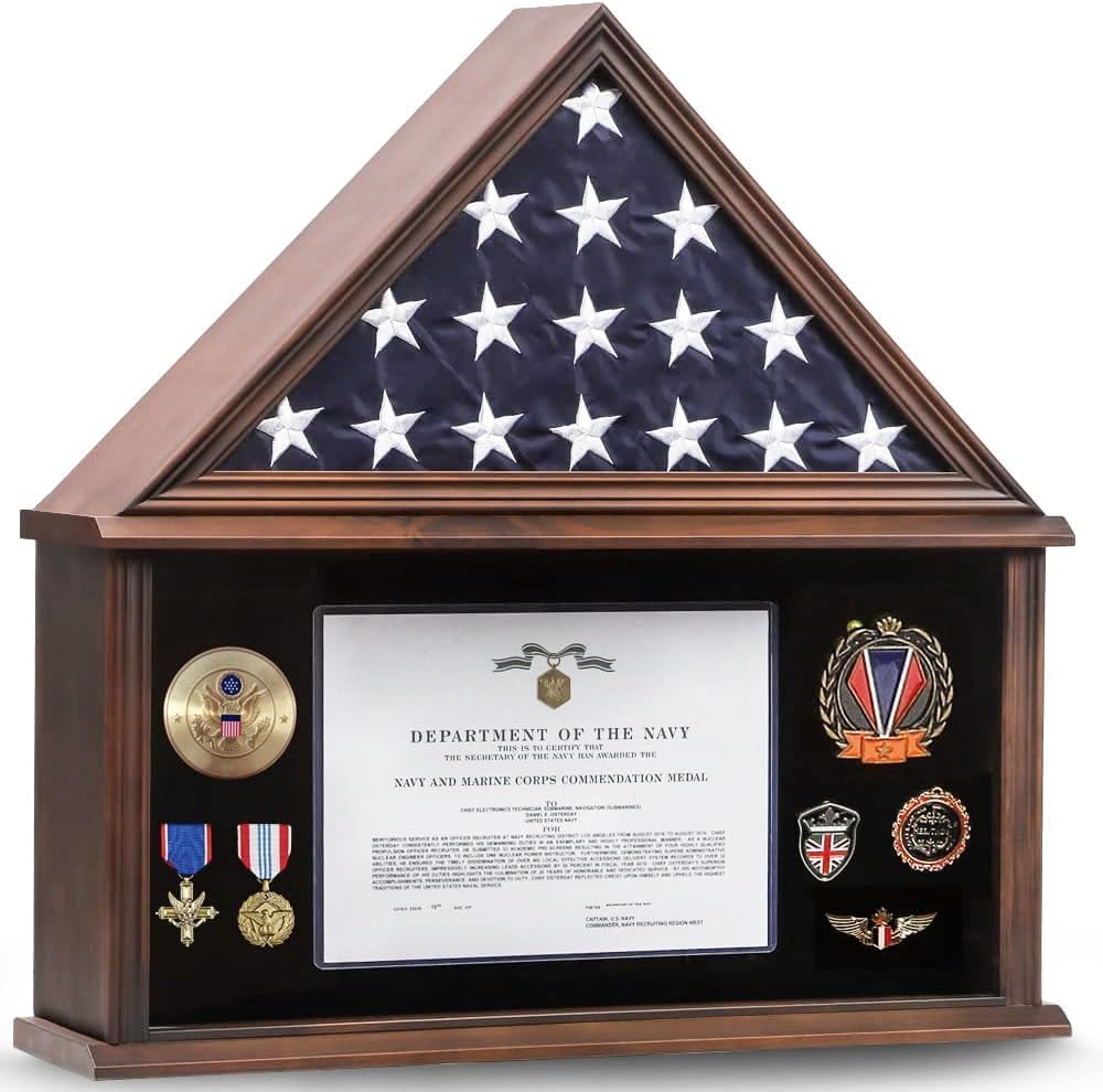 Large Burial Flag Case - Solid Wood Display Case for 5x9.5 Folded Military Flag with Certificate Holder - Walnut Finish