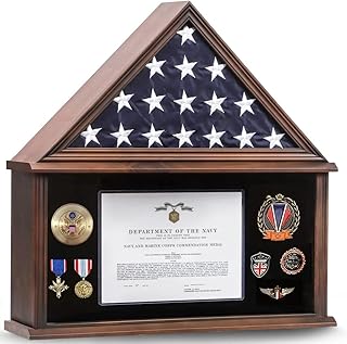 Large Burial Flag Display Case American Flag Solid Wood Display Case Fits a 5 X 9.5 Flag Folded Military Shadow Box Flag Display Case with Certificate Holder Walnut Finish