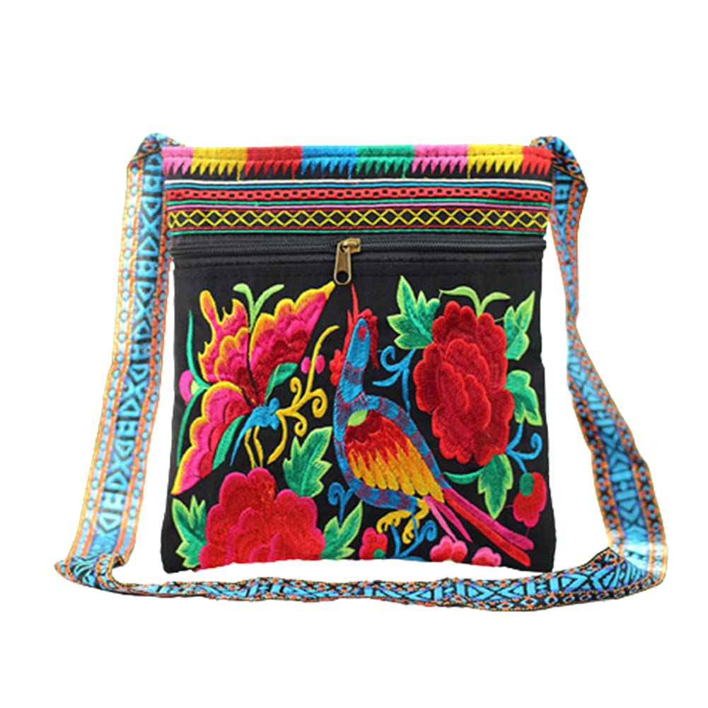 Hobo - Bolso cruzado para mujer, vintage, étnico, tribal, bordado, bohemio, hippie, bolso de hombro, Rojo Flores Aves