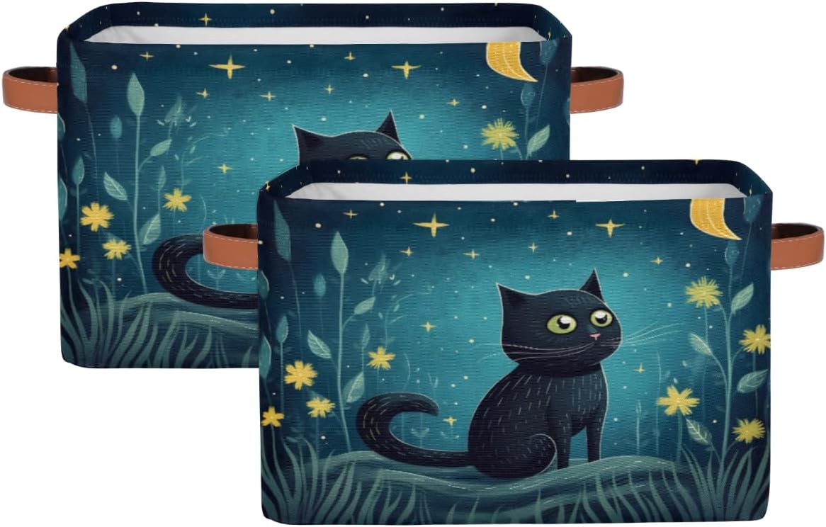Cute Cat Storage Basket, Star Flower Foldable Storage Bin with Handle Fabric Rectangular Storage Box Organizer for Closet Shelf Home Office Nursery Toy Basket, 2 Pack