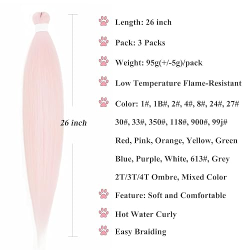 Miniatura 4 de Cabello trenzado preestirado en oro rosa púrpura 26 pulgadas extensiones de cabello de color rosa claro para trenzas de ganchillo, trenzas de caja,