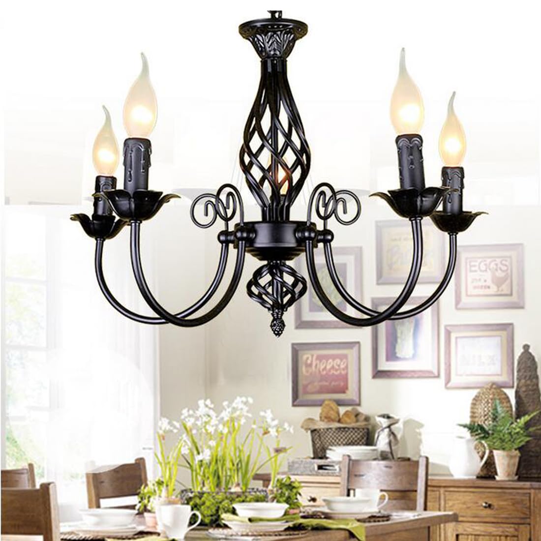 Esszimmer Lampe Klassisch Antik Kerze Pendelleuchte Kronleuchter LED Vintage Schwarz Metall Eisen Wohnzimmer Hängelampe Retro Industrielle Rustikal E14 Decke Strahler Restaurant Küche Verstellbar 54cm