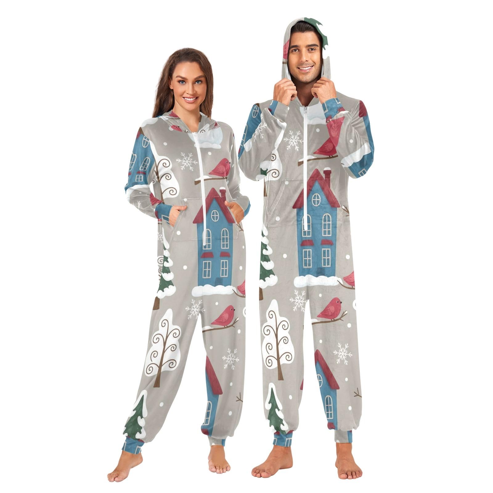 Whimsical Winter Snow Trees Adulto Onesie Pigiama, Morbido Accogliente Tuta di Natale, In Pile Un Pezzo Loungewear