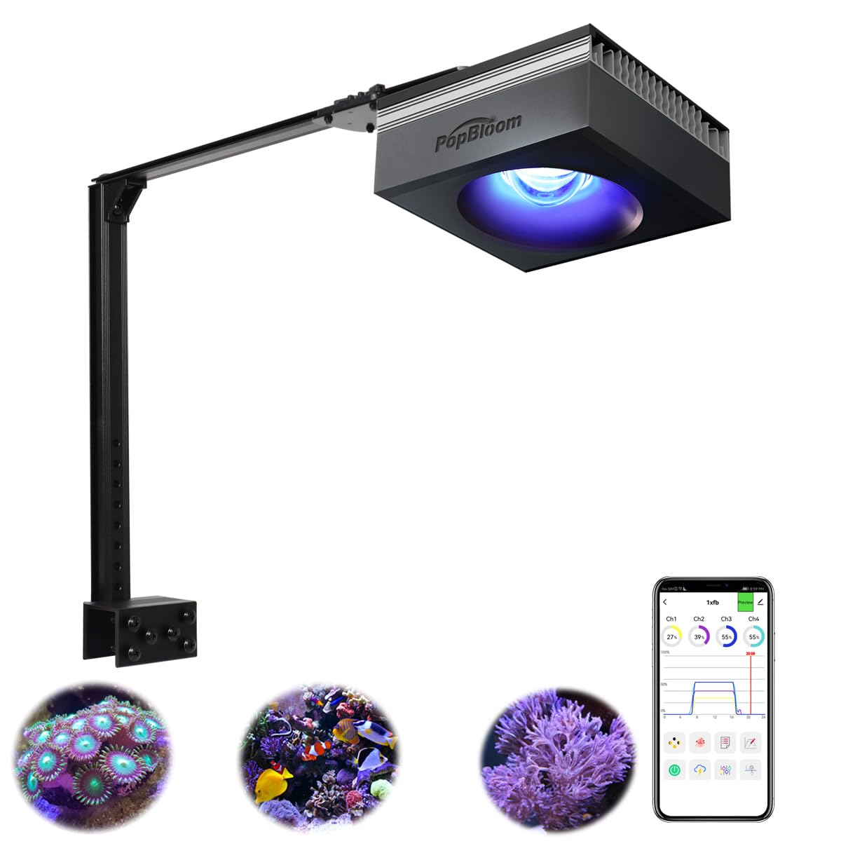 PopBloom WiFi Rampe LED Aquarium Eau de Mer 115W, Programme Marine Éclairage à Spectre Complet pour Aquarium de Corail, Support de Rampe Inclus, Soutien au français APP