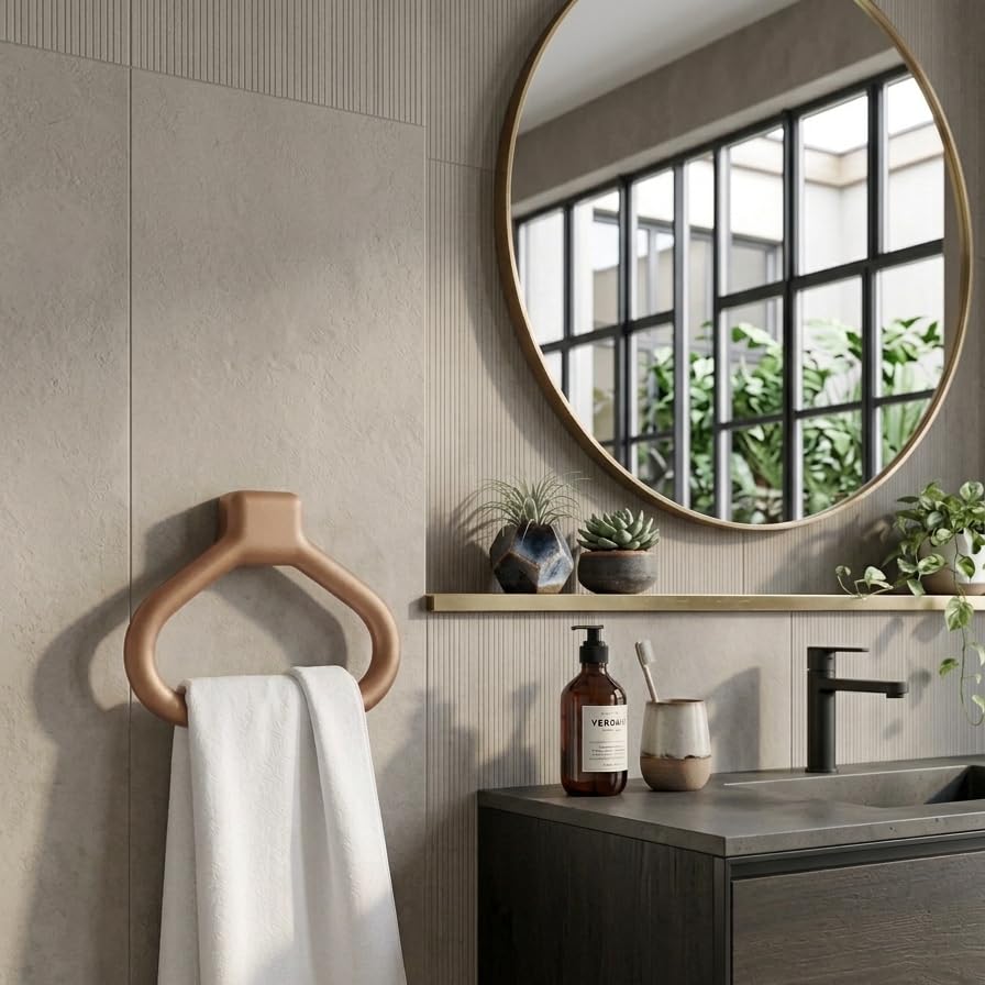 Image of Branco Modern Wall Mounted Towel Ring Holder | Self Adhesive Towel Ring for Bathroom | Premium Plastic Bathroom Hand Towel Hanger, Durable & Rust-Free, Easy Installation, Champagne Gold