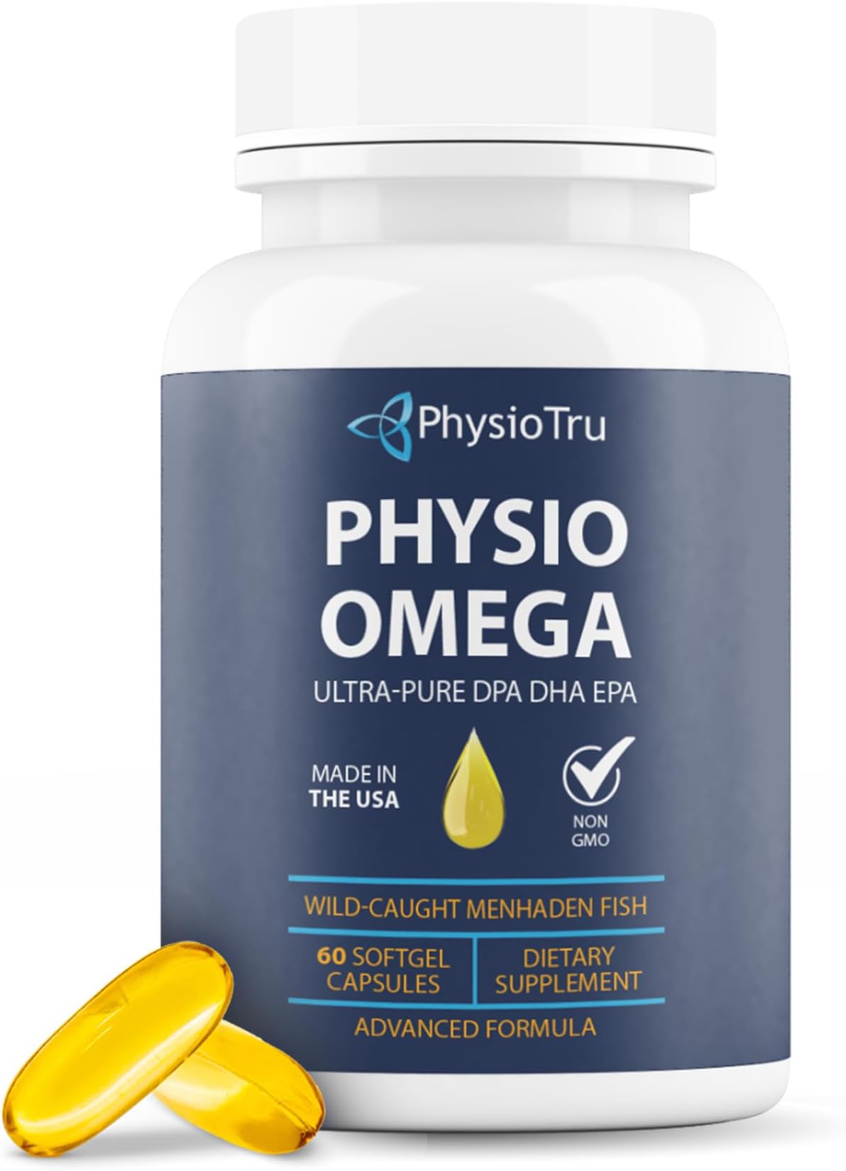 PhysioTru Physio Omega - Omega 3 Supplement - Sustainably Sourced - with DPA, EPA, and DHA - Burpless Fish Oil - 1 Pack