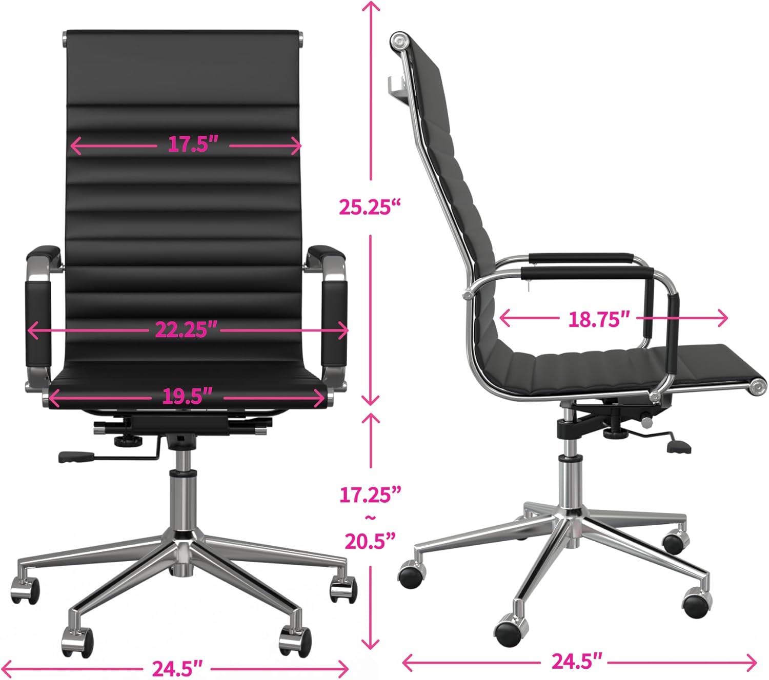 Fohfurniture PU Leather Tall Ribbed Executive Chair, Premium Manager Office Chair, Hotel Task Chair, Leather Height Adjustable Swivel Chairs, Conference Room Chair with Arms (High Back, Black)