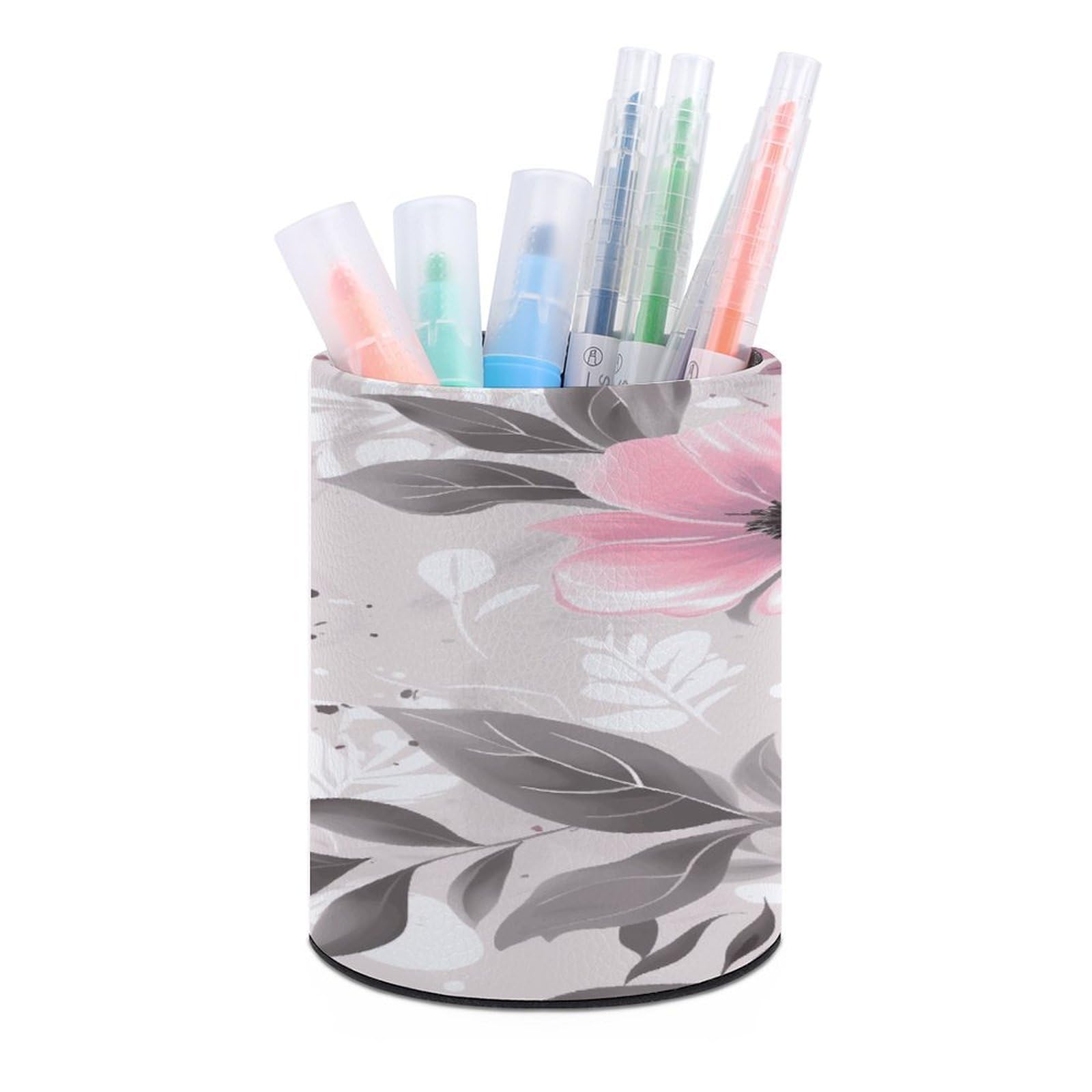 Pink Flowers And Leaves on Gray Pen Holder Multi-Functional Round Pencil Holder Cute Office Decoration Pen Cups Simple Design PU Leather Paintbrush Cups for Home Office Desk