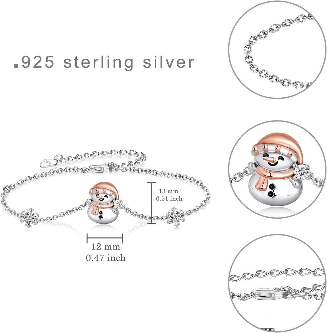 Snowman Christmas Bracelet 925 Sterling Silver Adjustable Bracelet Christmas Snowman Jewelry Gifts for Women