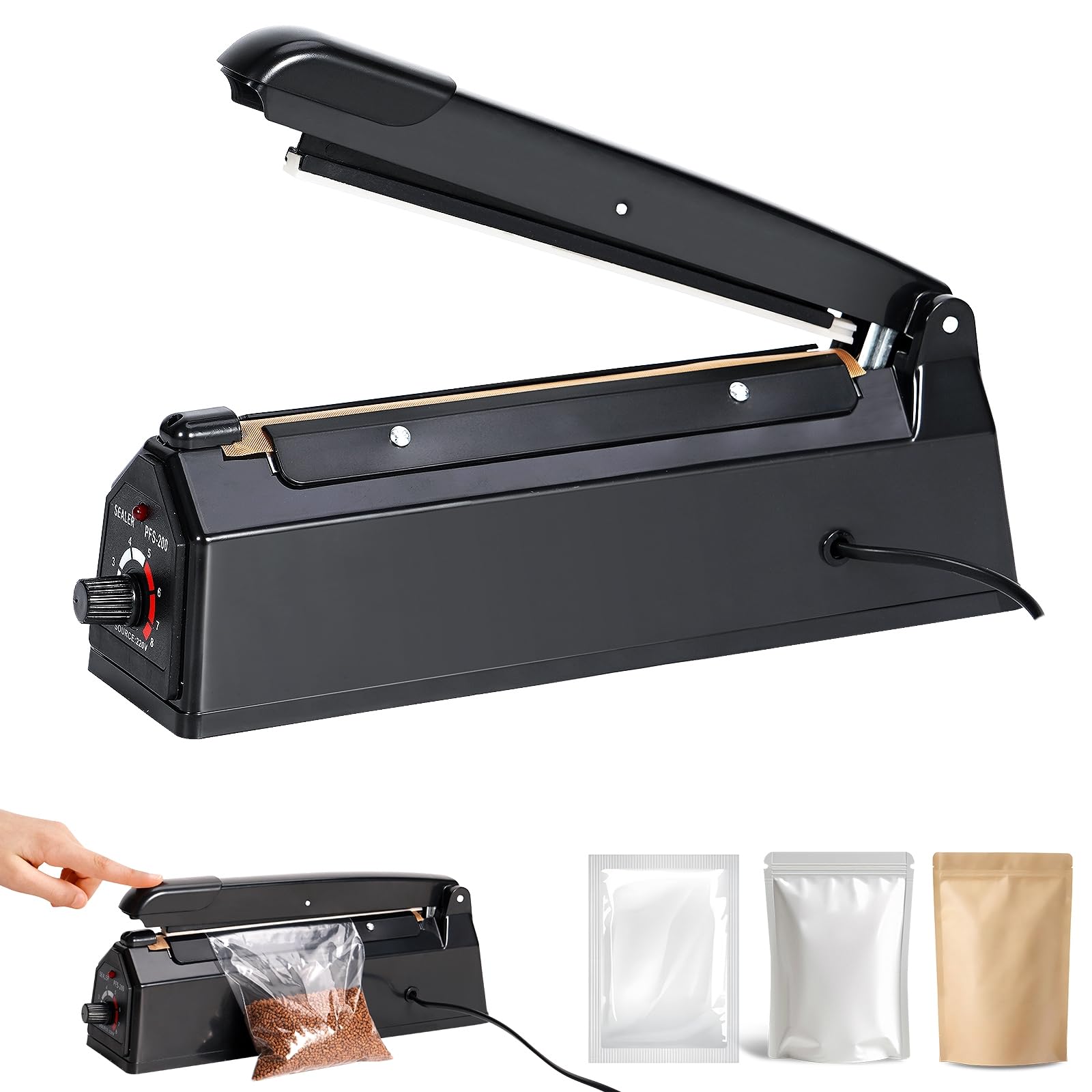 Sigillatrice a caldo, 200 mm, saldatrice a travi, sigillatrice per alimenti, sigillatura a caldo, sacchetti di plastica per Mylar PP e sacchetti in PE (nero)