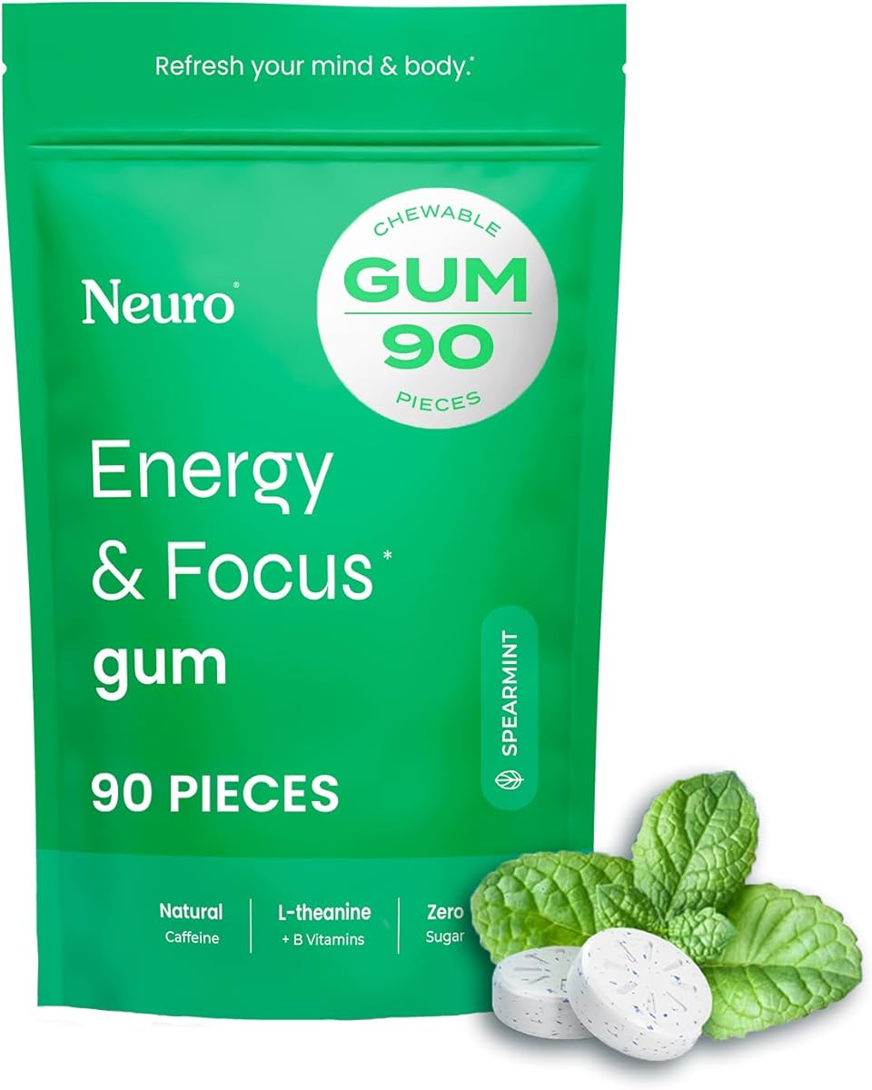 Neuro Energy & Focus Gum - 40mg Natural Caffeine Gum & Nootropic Energy Supplement with L-Theanine & B Vitamins - Sugar Free, Vegan - Spearmint, 90ct