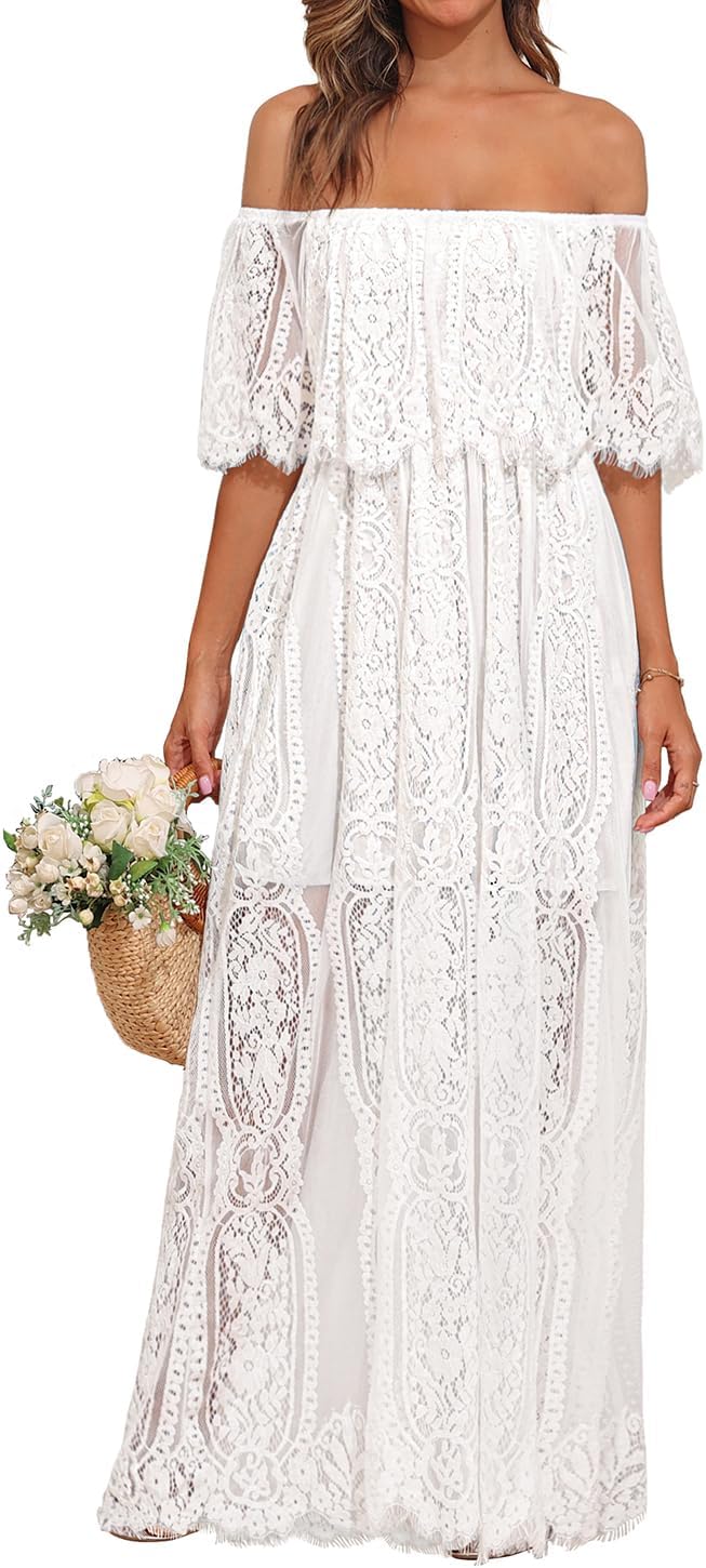 Holipick Women's Off Shoulder Lace Maxi Dress Boho Wedding Guest Bridesmaid Beach Formal Long Dress