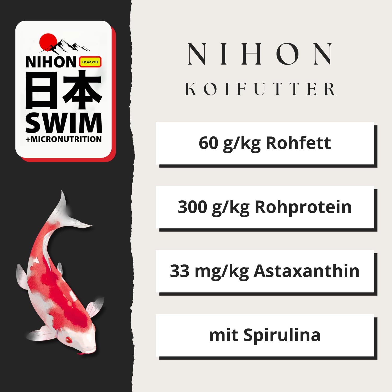 NIHON Hokovit - Mangime galleggiante per tutte le stagioni Koi e carpe, con spirulina e micronutrienti, favorisce la crescita sana e il sistema immunitario, pellet da 5,5 a 6 mm, 10 kg