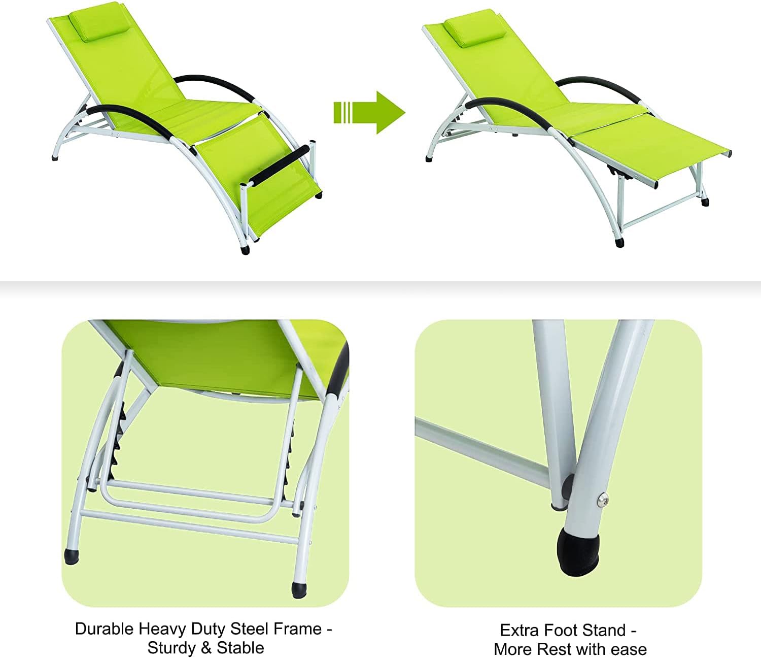 Sundale Outdoor Adjustable Patio Chaise Lounge, 6 Position Lounge Chair, All Weather Outdoor/Indoor Lounge for Reading, Meditation, Sleeping, Exercising, Green