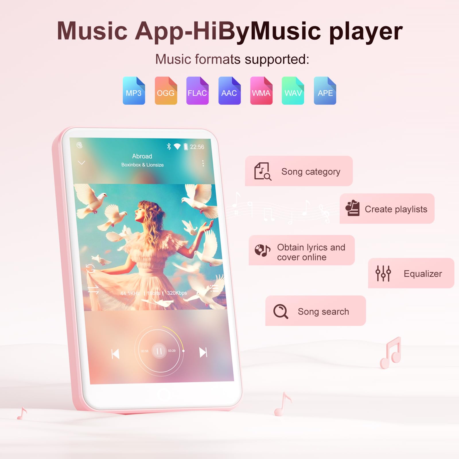 Reproductor de MP3 con Bluetooth y WiFi, Oilsky 80GB Portable MP3 Music Player con Spotify, Audible, Deezer, Reproductor MP4 de Pantalla Táctil 1080P de 4'', Android 9.0 (Rosa)