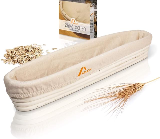 Amazy Proofing basket including instructions with recipes - the ideal proofing basket for bread dough made of natural wicker (baguette diameter 30 cm) - with linen insert