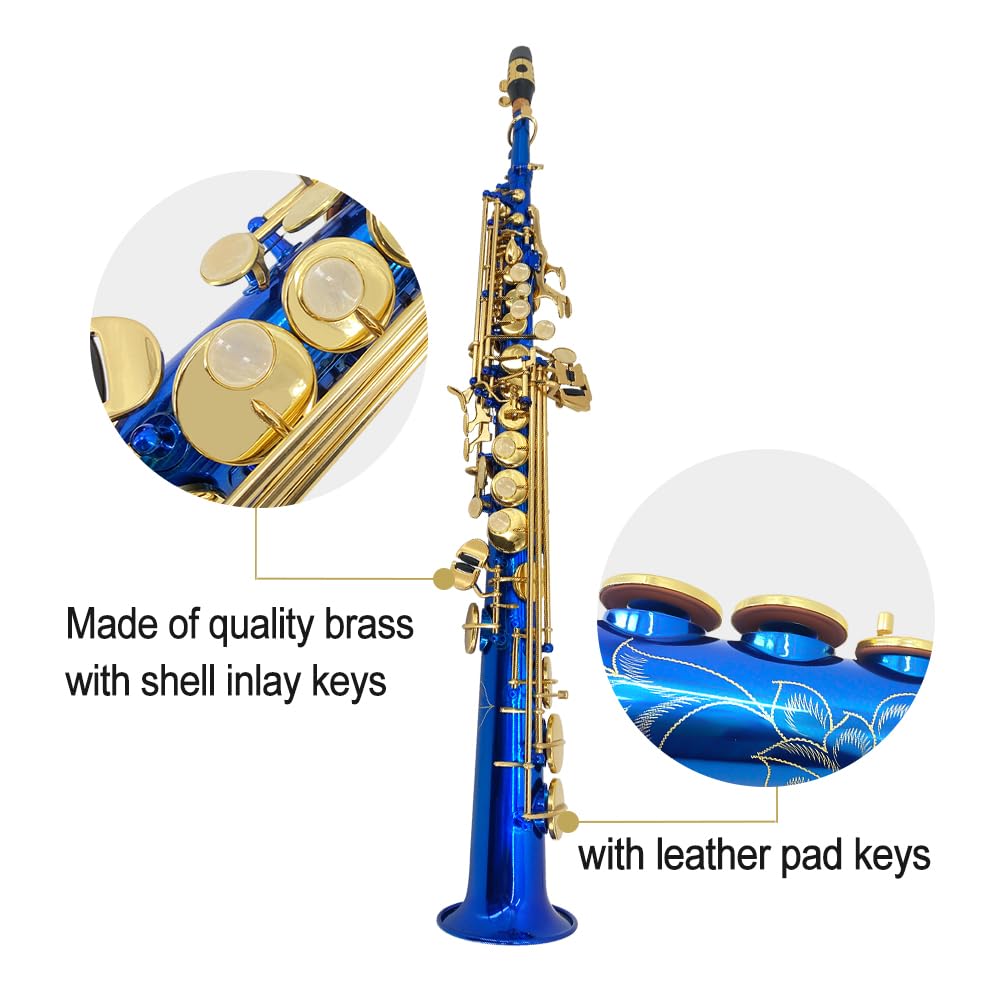Saxofón soprano recto Bb de latón, instrumento de viento de madera, hermoso saxofón recto lacado azul para principiantes, juego combinado con funda de transporte y accesorios