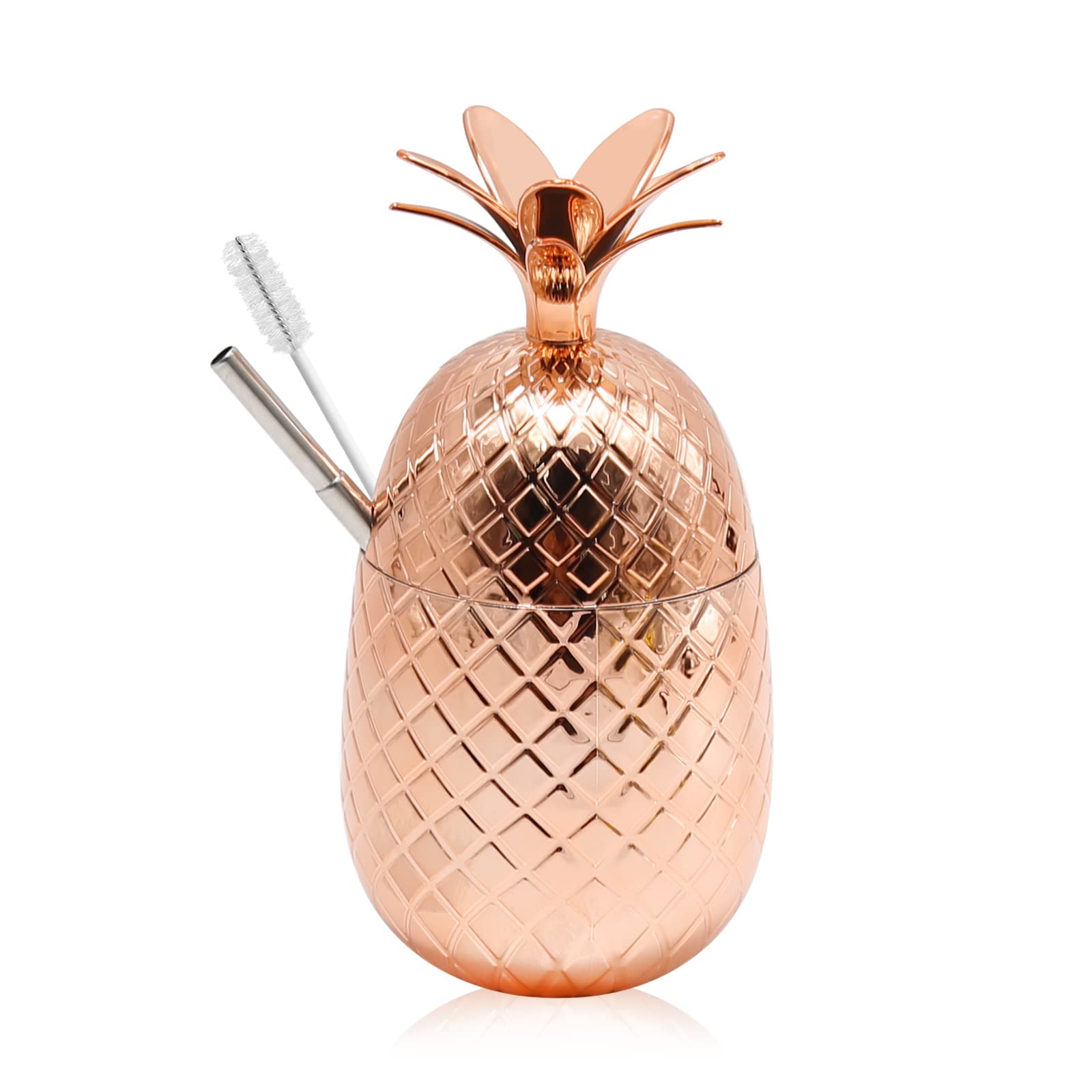 Moscow Mule Mugs, 450ml Copper Mug with Pineapple Shape & Lid & Straw Copper Cups Mule Mugs for Cocktail, Coffee, Milk (Bronze)