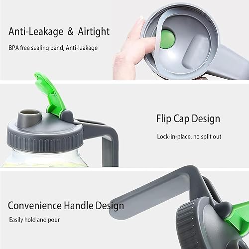 Miniatura 3 de Paquete de 2 tapas de boca ancha para tarros Mason con asa, tapa abatible de plástico reutilizable, sello hermético a prueba de fugas, color negro,