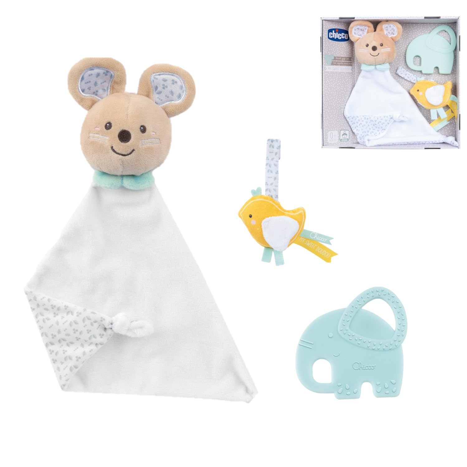 Chicco, Set Regalo Nacimiento My Sweet DouDou, Suave DouDou Manta Ratón, Tierno Portachupete en Terciopelo Suave, Mordedor Elefantito con Textura en Relieve, Regalo Bebés 0+ Meses