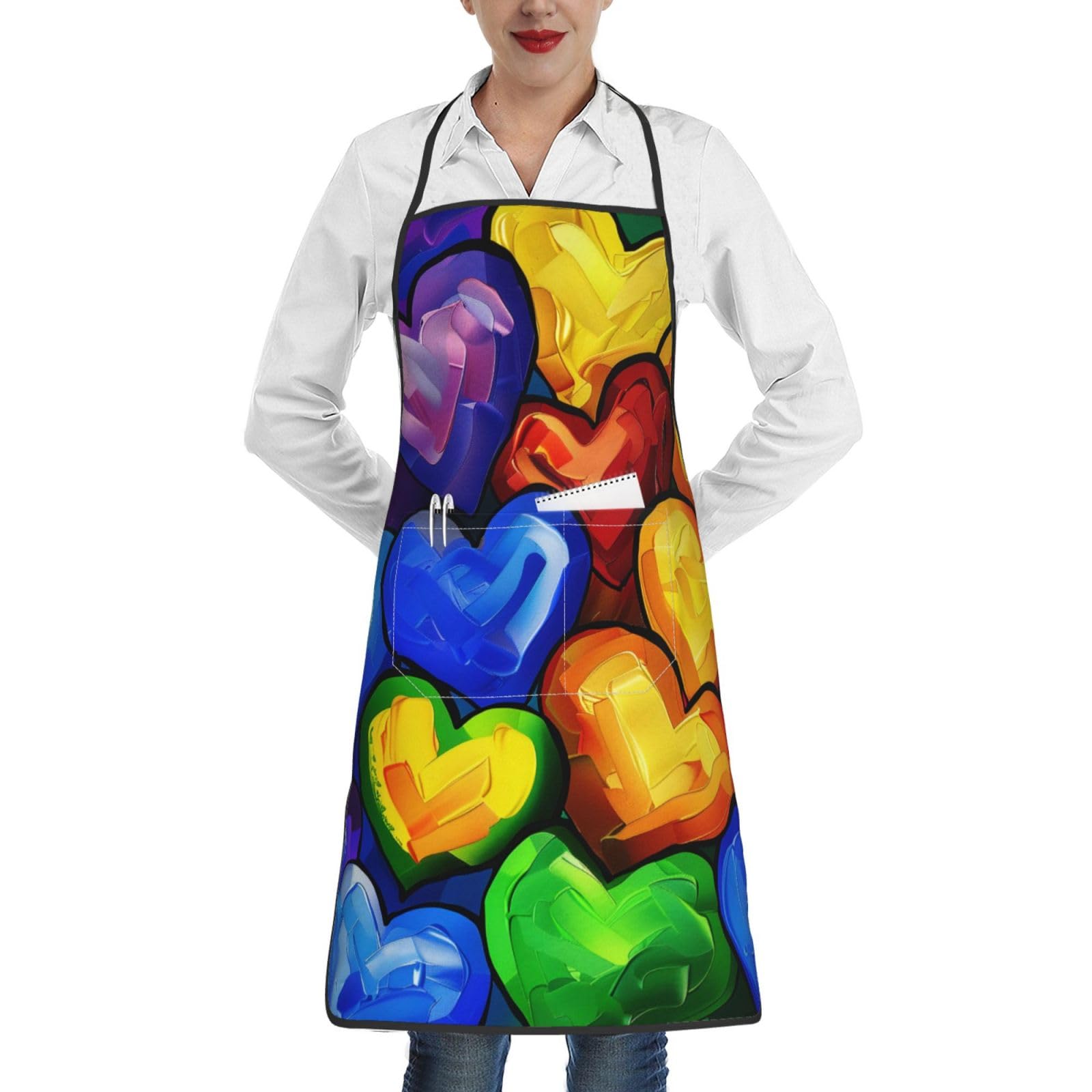 Smazdfxx Unisex As Pic Rainbow Colored Gay Pride Hearts Printed Adjustable Cooking Apron With Pocket, Kitchen Apron,Chef Apron,20.4X28.3in