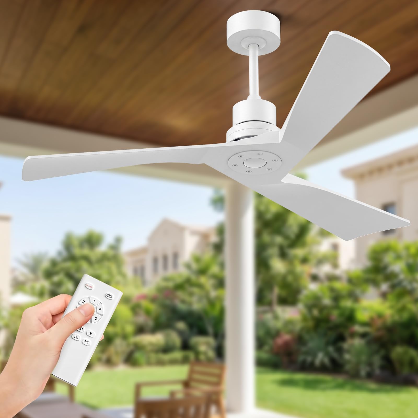 Obabala Ceiling Fan 52 Inch with Remote, Solid Wood Blades DC Motor 5000 CFM Quiet 35dB, Reversible 6 Speed Modern Farmhouse for Bedroom Living Room Indoor Outdoor, No Light with Downrod