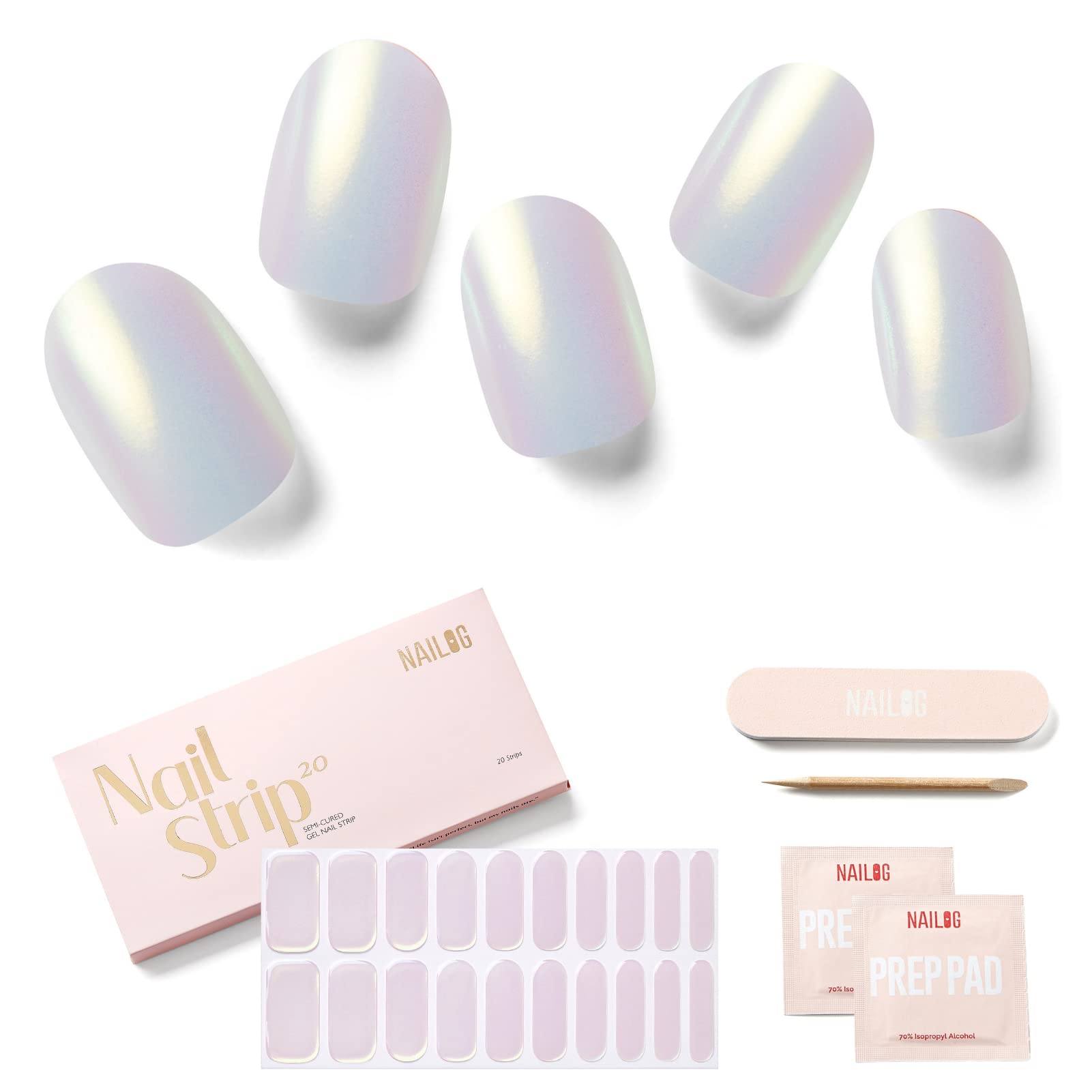 NAILOG Semi Cured Gel Nail Strips 20 Pcs | Buy 2 Get 1 UV Lamp | Extra Long Nail Wraps with Glossy Gel Finishing | Pink Moonlight
