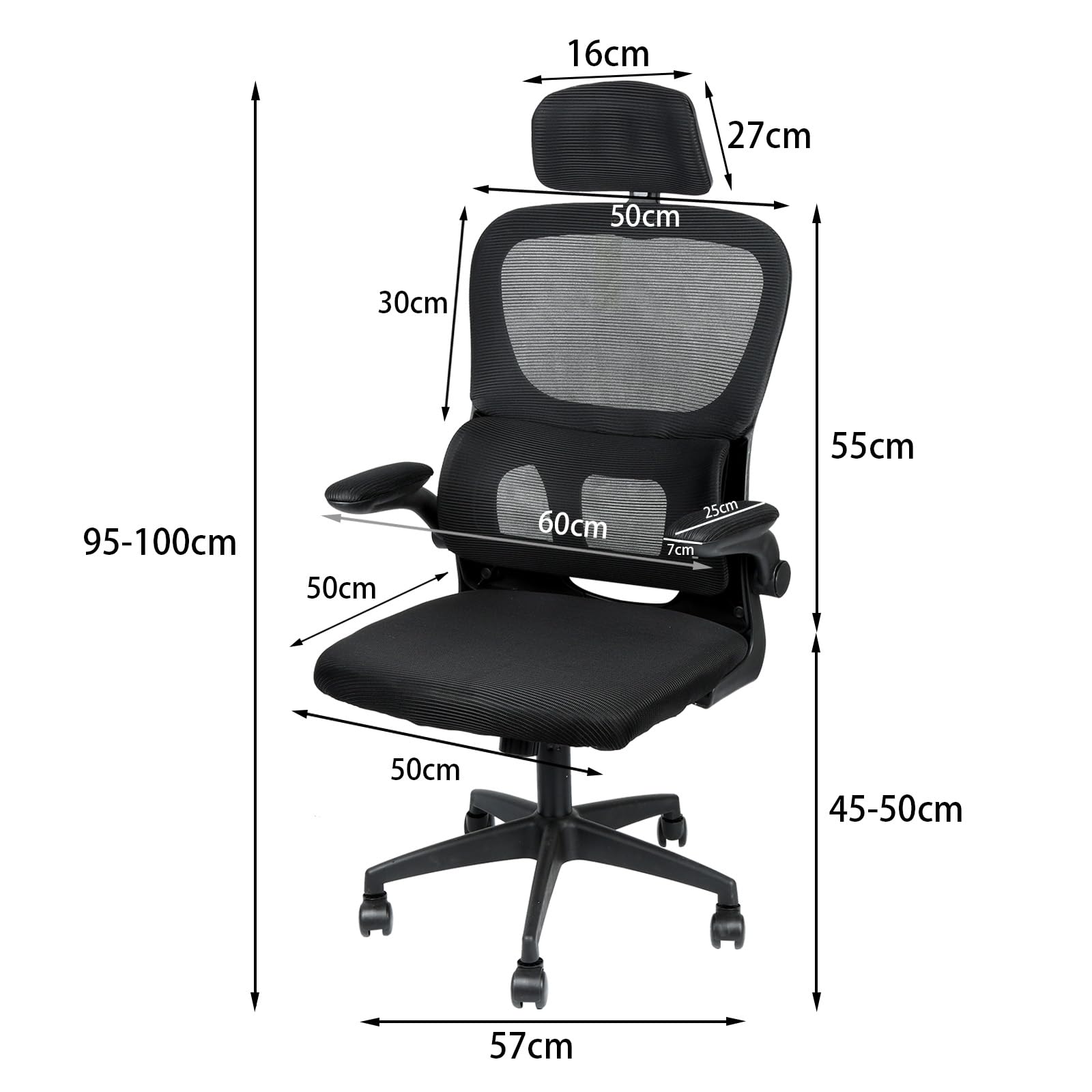 LANTUS Ergonomiczne krzesło biurowe, oddychająca siatka, regulowane podparcie lędźwiowe, oddychające siedzisko z siatki, ergonomiczne krzesło regulowane zagłówek i podłokietnik, 125 x 65,5 x 64 cm