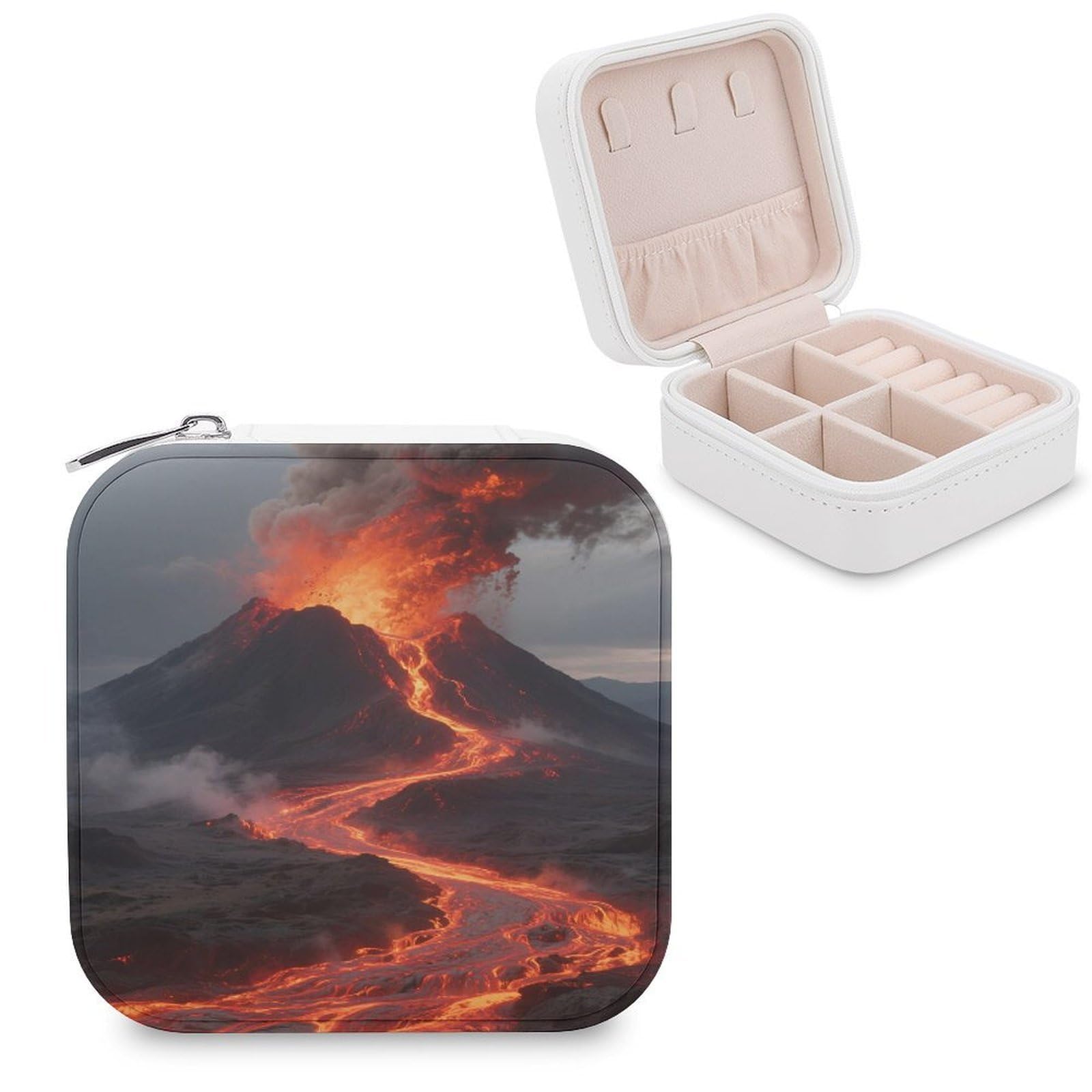 VstaDank Volcano Jewelry Box for Women Jewelry Organizer Storage Case with Zipper Mini Travel Jewelry Case Cute Trinket Organizer Leather Portable Jewelry Storage Box