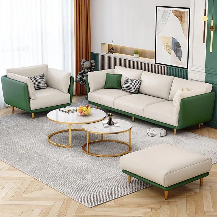 Image of Chesterfield Velvet Upholstery 3-Seater with Armchair and Footrest, Design in 3+1+Footrest Sofa for Living Room, Bedroom, Hallways (Beige & Green)