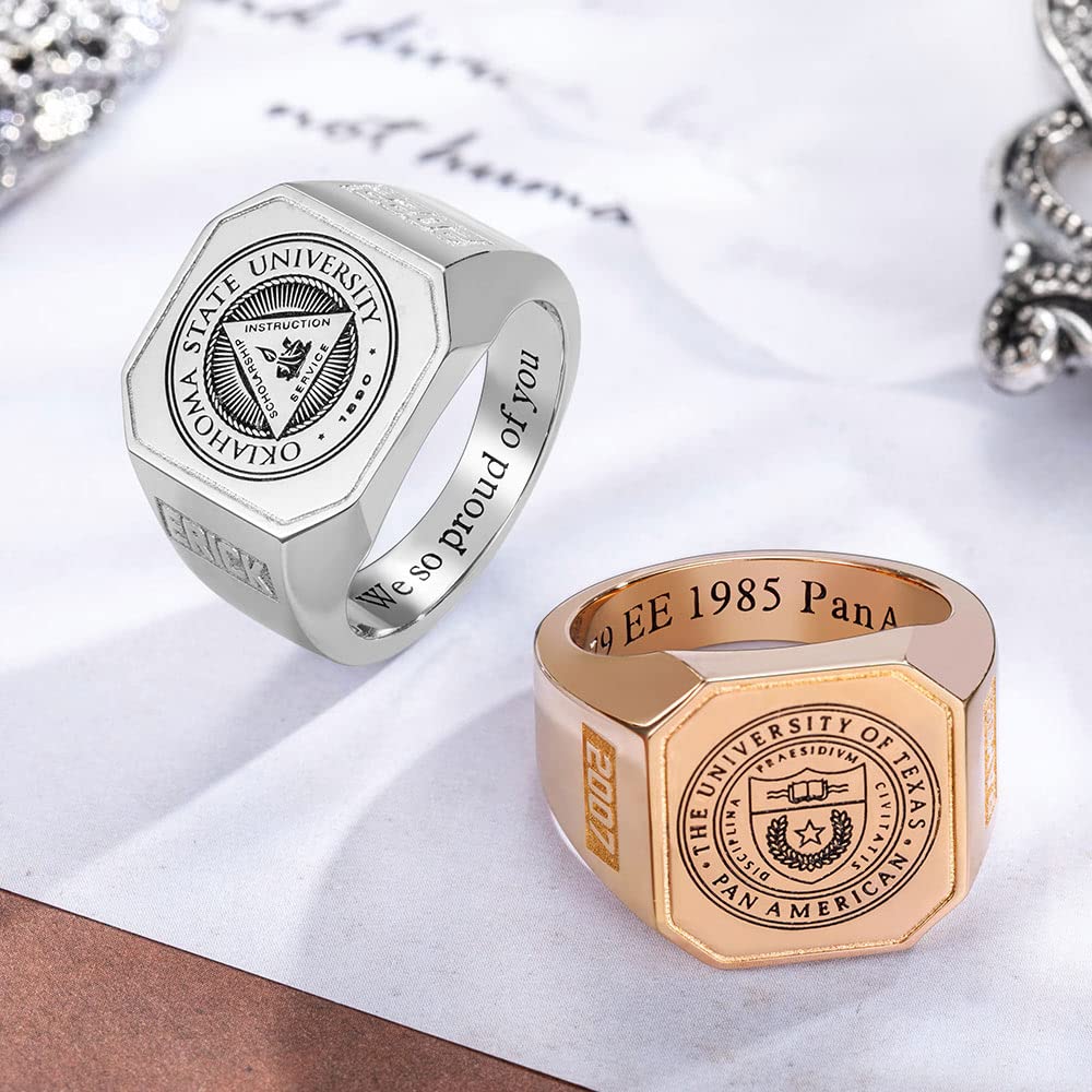 Individueller quadratischer Schul-Logo-/Familienwappen-Ring für Männer und Frauen aus Sterlingsilber 925 mit personalisiertem Bild, Text oder Namen. Siegelringe für Absolventen, Väter und Ehemänner