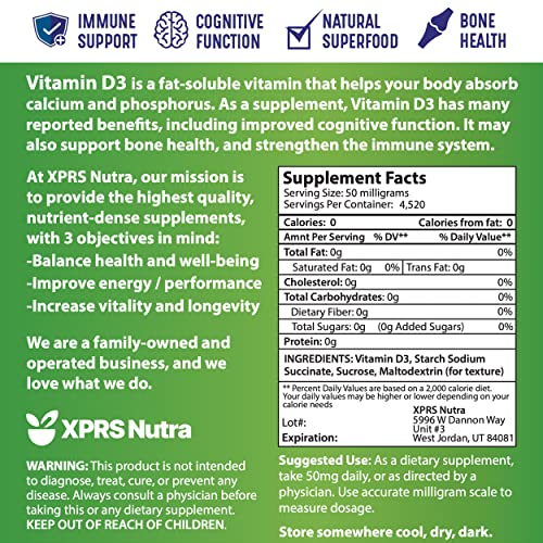 Xprs Nutra Vitamin D3 Powder (Cholecalciferol) - Unflavored Vit D Powder For Bones And Immunity - Vitamin D3 Powder For Muscle Function - Vitamin D Powder Supplements (8 Ounce) #TOP6