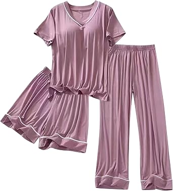 Womens 3pcs Pajamas Set Short Sleeve V Neck Tops Sleepwear Soft Pj Loungewear 3 Piece Pajama Sets Shorts with Long Pant