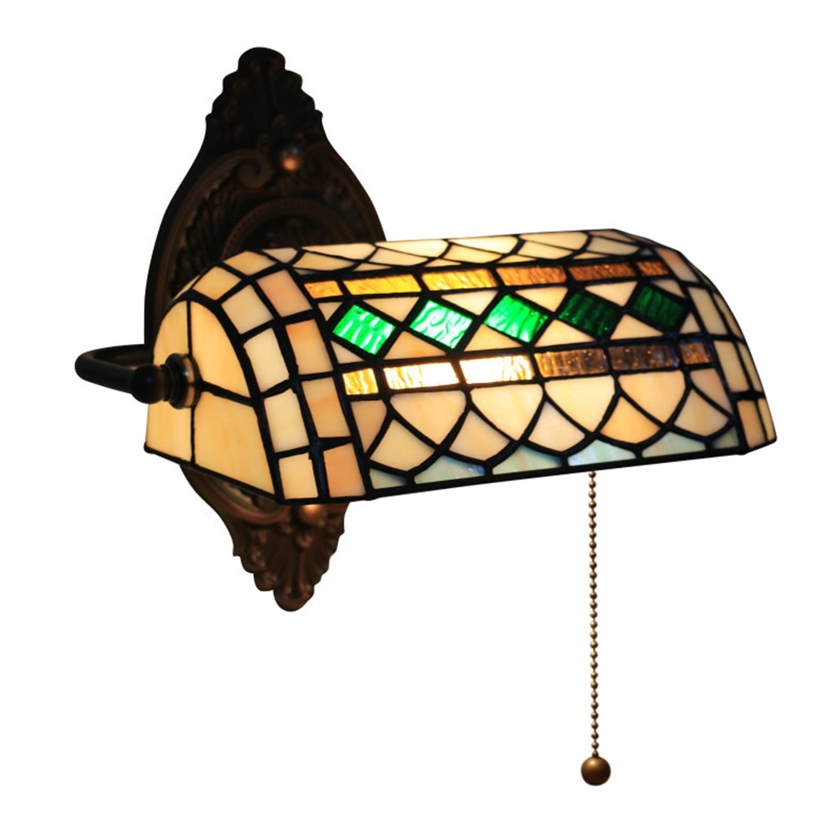 BOTOWI Traditional Banker Wall Lamp, Green Banker Lamp, Retro tiffany Stained Glass Wall Mounted Bedside Reading Light with Pull chain Switch, Adjustable Lampshade, Hotel Room Lamp,Antique Lamp,Green