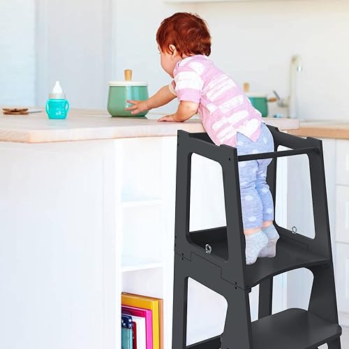 Miniatura 6 de QLFJ-FurDec Taburete de cocina para niños con riel de seguridad, 2 en 1 convertible de madera para niños, taburete de aprendizaje para niños, torre