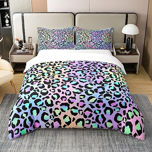 Loussiesd Leopard Print 100% Cotton Duvet Cover King Size Rainbow Cheetah Pattern Bedding Cotton Duvet Cover Set Safari Animal Bedspread Cover