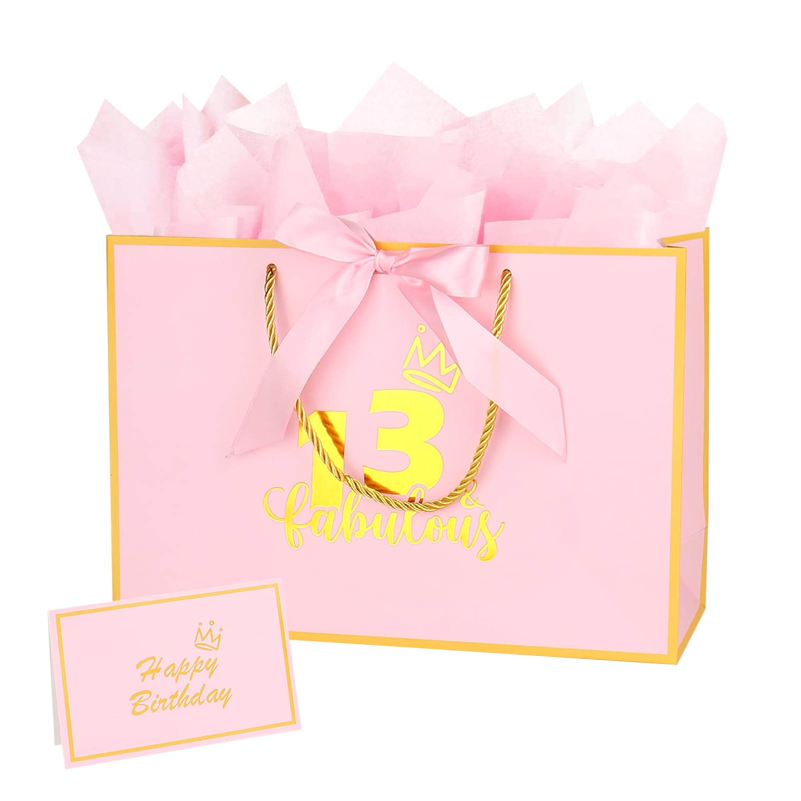 Dimetey 12.6Inch 13th Birthday Gift Bag with gift Card and Tissue Paper for Girl's 13th Birthday Supplies (Pink 13th)