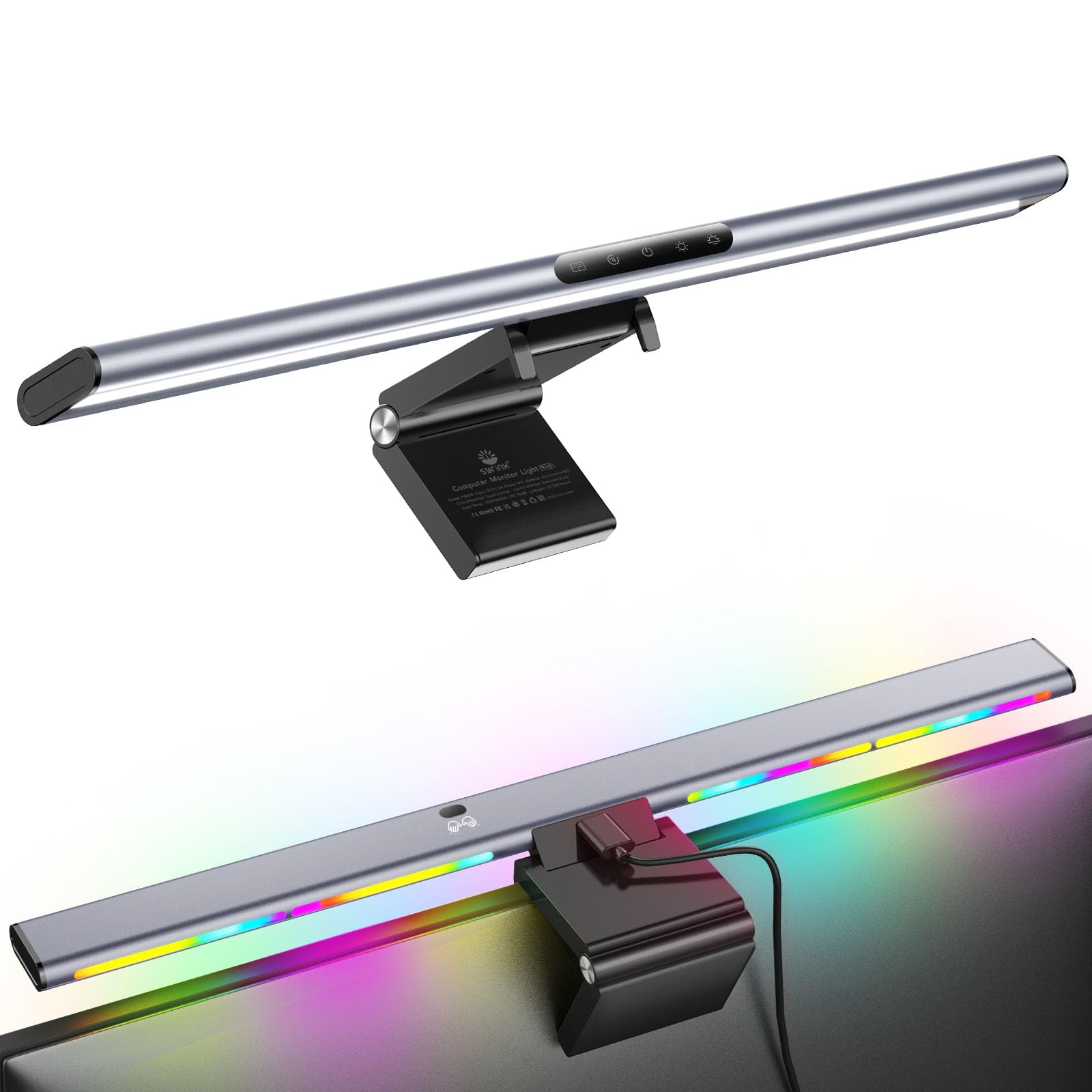 syrinx computer monitor light bar, rgb monitor backlight, eye-caring usb reading dimmable led task lamp with touch+gesture control, no glare space-saving desk lamp for home office