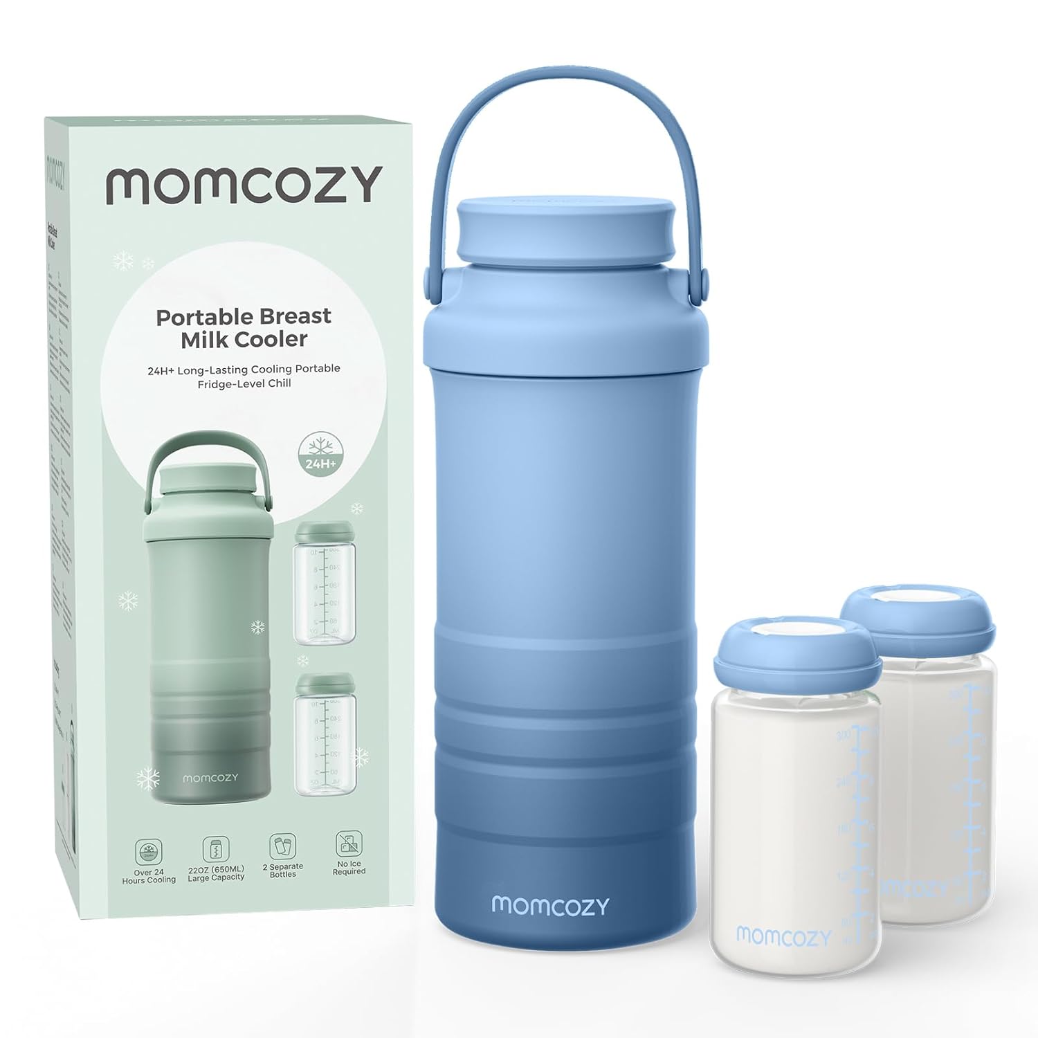 Momcozy 22oz Portable Breast Milk Cooler for Outdoor, Life Saver with 360° Total Cooling for 24 Hours, Larger Capacity Travel Breastmilk Chiller with 2pcs Baby Bottles for Breastmilk Storage, Blue