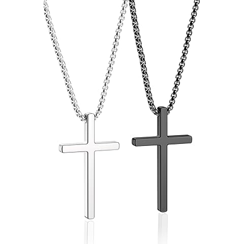 Romass 2 Pcs Cross Necklace for Men Boys,Stainless Steel Pendant Silver Black Crosses Chain Jewelry Gifts Box 16-30 inches