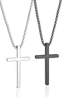 Romass 2 Pcs Cross Necklace for Men Boys,Stainless Steel Pendant Silver Black Crosses Chain Jewelry Gifts Box 16-30 inches