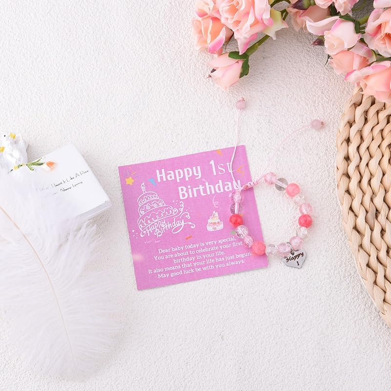 1 Year Old Birthday Bracelet Gifts for Women Daughter Sweet Pink Crystal Bracelet for 1 Yr Old Granddaughter Happy 1st Birthday Decorations for Women Niece Charm Heart Bracelet with Pink Wish Card - Image 6