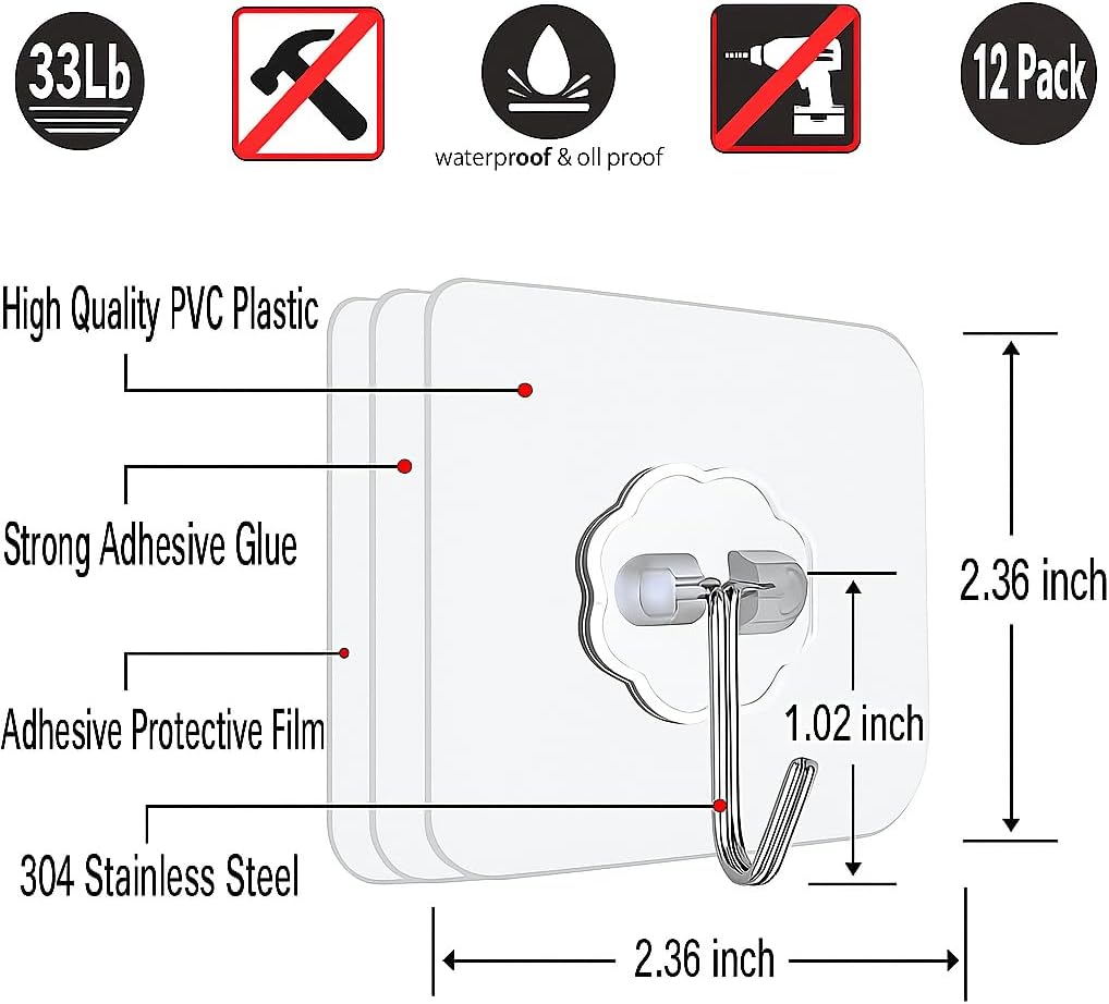 12 PCS Self Adhesive Hooks for Hanging - 33lb Max, Transparent Stick on Hooks for Coat & Towel - Sticky Hooks for Hanging Heavy Duty Picture, No Damage Wall Hook for Bathroom, Kitchen, Ceiling & Key