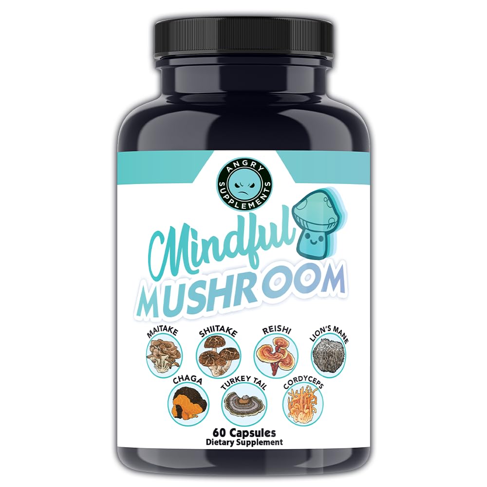 Angry Supplements Mindful Mushrooms Capsules - 7in1 Premium Health Shroom Blend of Maitake, Shiitake, Reishi, Turkey Tail, Cordyceps, Lions Mane and Chaga Mushrooms (60ct) 60 Count (Pack of 1)